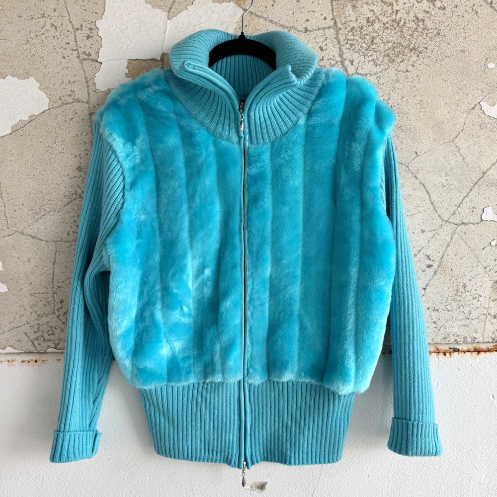 Y2K Faux‎ Fur Sweater Full Zip Cardigan Womens XL McBling 2000s Glam Maximalist